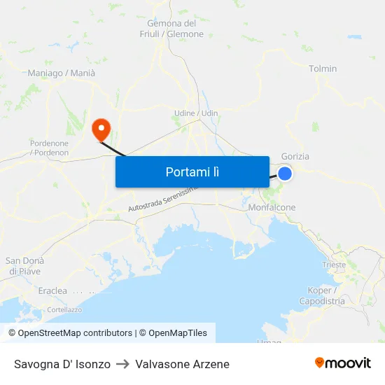 Savogna D' Isonzo to Valvasone Arzene map