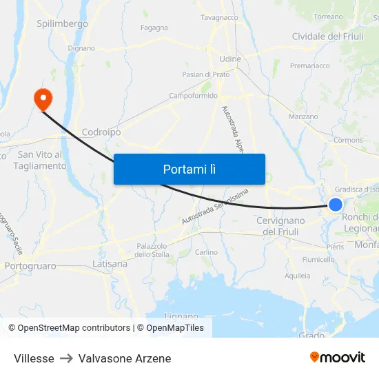 Villesse to Valvasone Arzene map