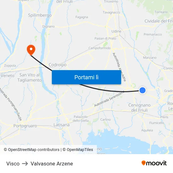 Visco to Valvasone Arzene map