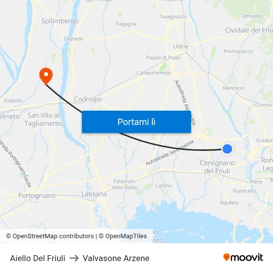 Aiello Del Friuli to Valvasone Arzene map