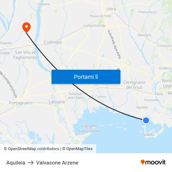 Aquileia to Valvasone Arzene map