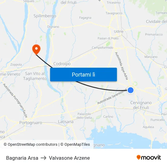 Bagnaria Arsa to Valvasone Arzene map
