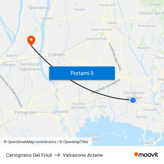 Cervignano Del Friuli to Valvasone Arzene map