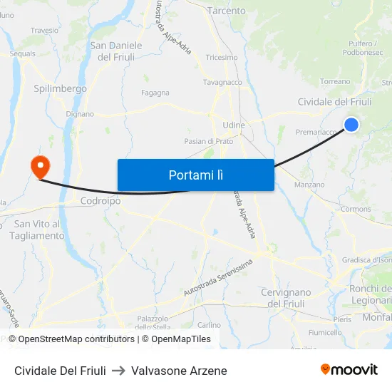 Cividale Del Friuli to Valvasone Arzene map