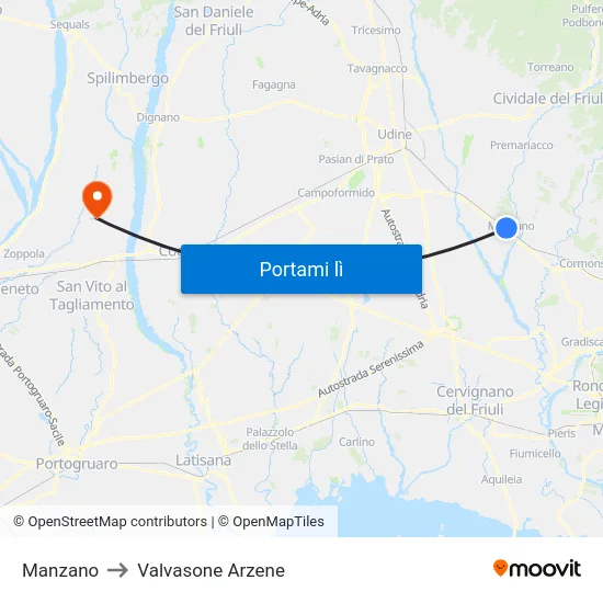 Manzano to Valvasone Arzene map
