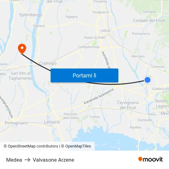Medea to Valvasone Arzene map