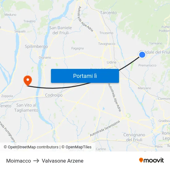 Moimacco to Valvasone Arzene map