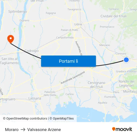 Moraro to Valvasone Arzene map