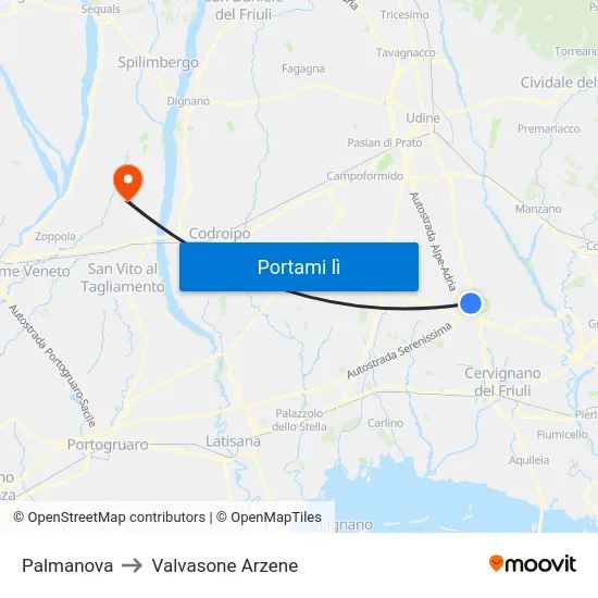 Palmanova to Valvasone Arzene map