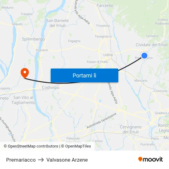 Premariacco to Valvasone Arzene map