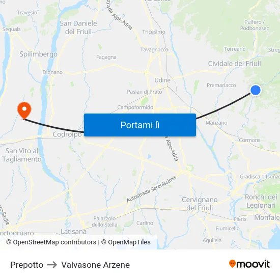 Prepotto to Valvasone Arzene map