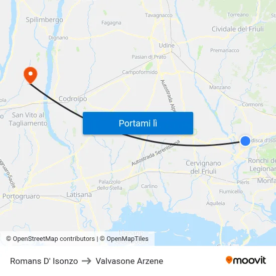 Romans D' Isonzo to Valvasone Arzene map