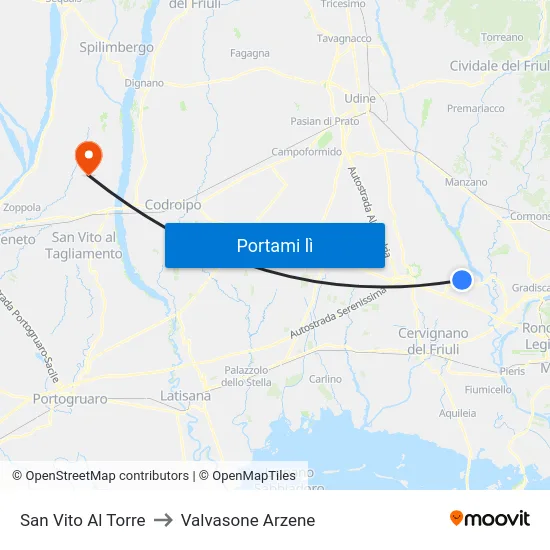 San Vito Al Torre to Valvasone Arzene map