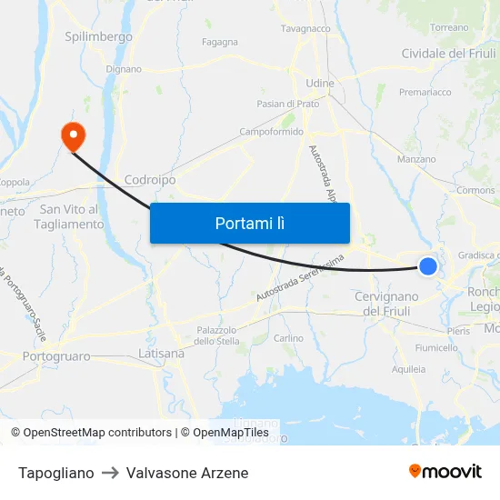 Tapogliano to Valvasone Arzene map