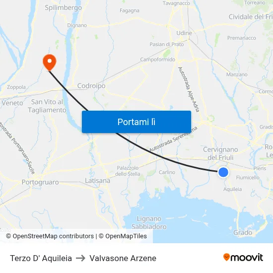 Terzo D' Aquileia to Valvasone Arzene map