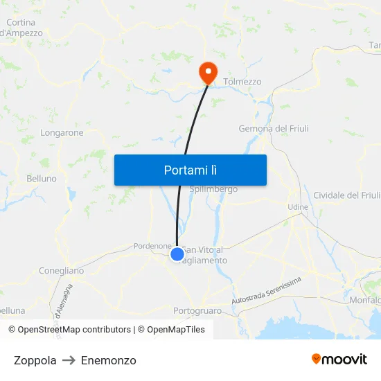 Zoppola to Enemonzo map