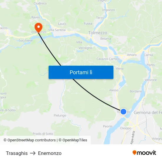 Trasaghis to Enemonzo map