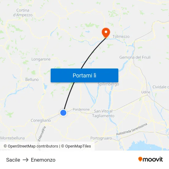 Sacile to Enemonzo map