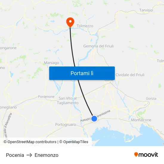 Pocenia to Enemonzo map