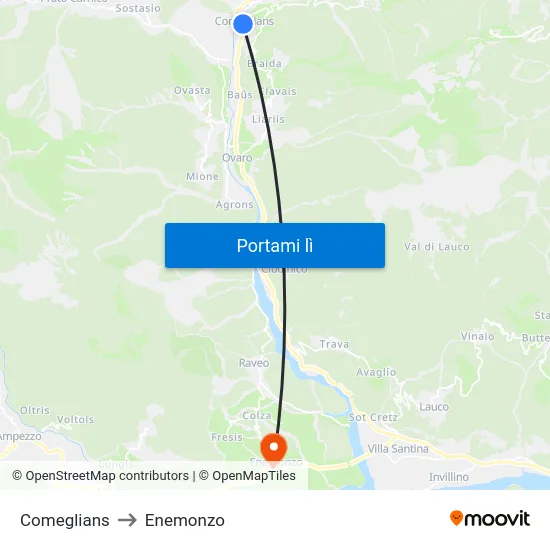 Comeglians to Enemonzo map