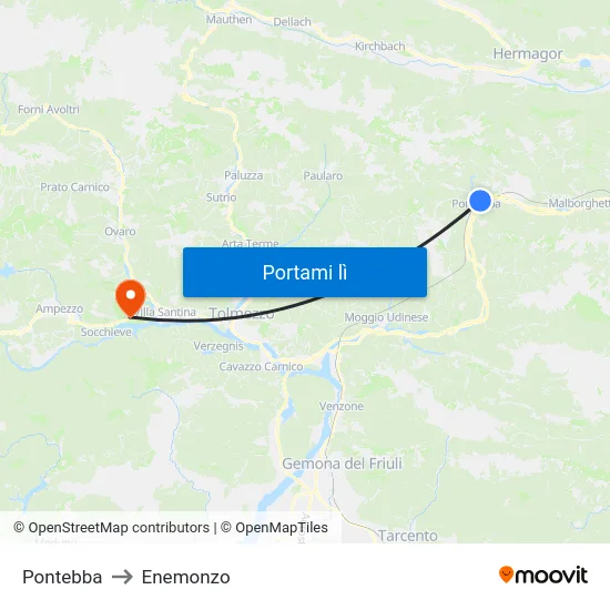 Pontebba to Enemonzo map