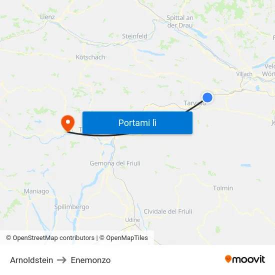 Arnoldstein to Enemonzo map