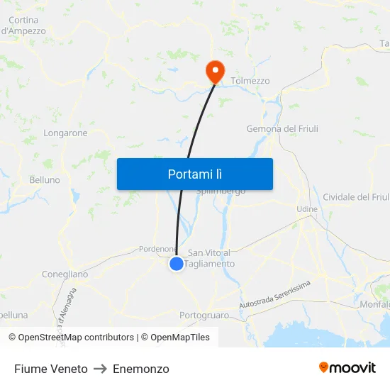 Fiume Veneto to Enemonzo map
