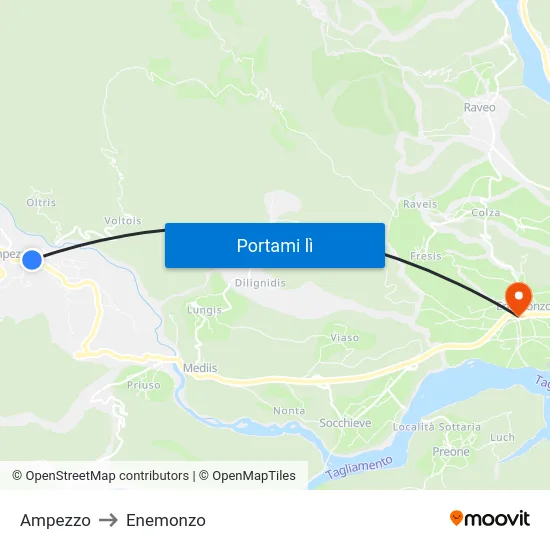Ampezzo to Enemonzo map