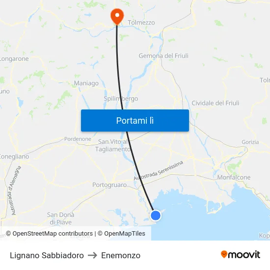 Lignano Sabbiadoro to Enemonzo map