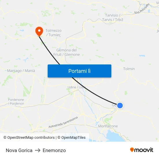 Nova Gorica to Enemonzo map