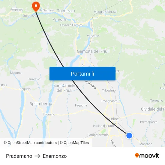 Pradamano to Enemonzo map