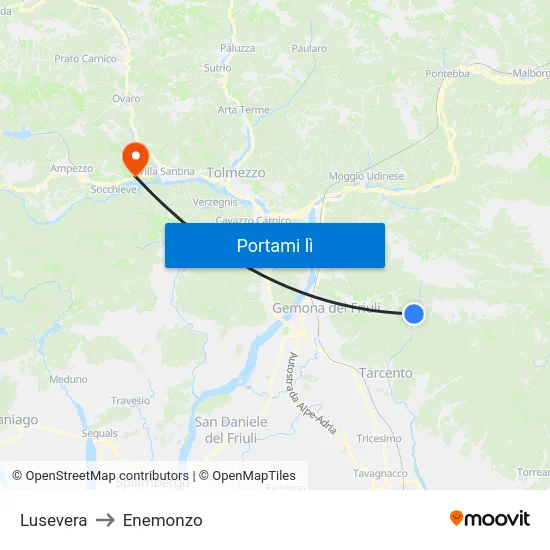 Lusevera to Enemonzo map