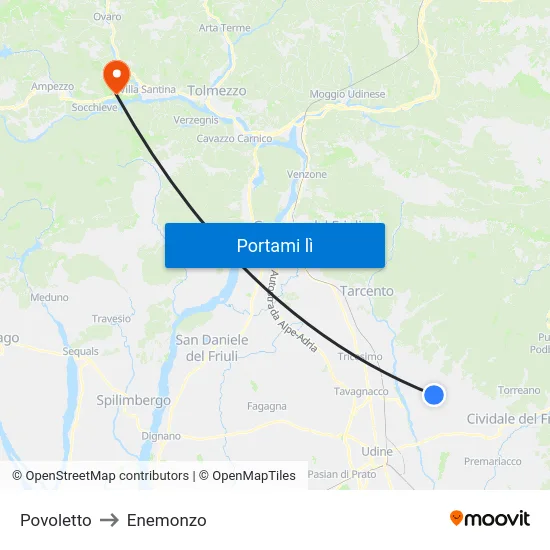 Povoletto to Enemonzo map