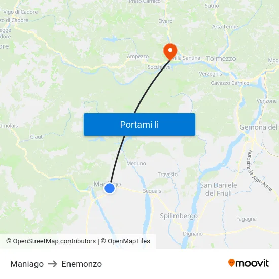 Maniago to Enemonzo map