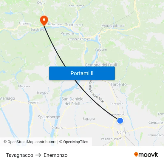 Tavagnacco to Enemonzo map