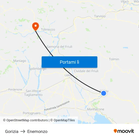 Gorizia to Enemonzo map