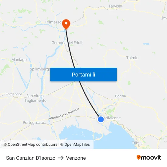 San Canzian D'Isonzo to Venzone map