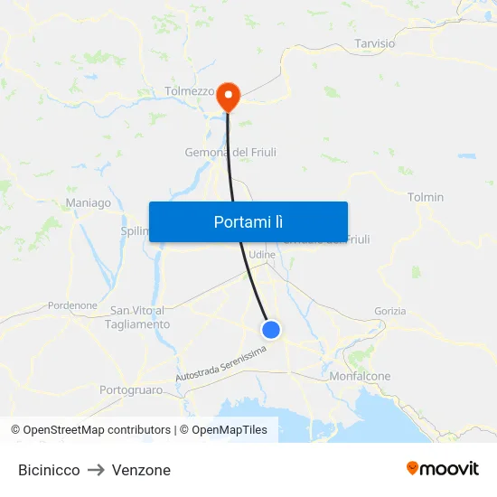 Bicinicco to Venzone map