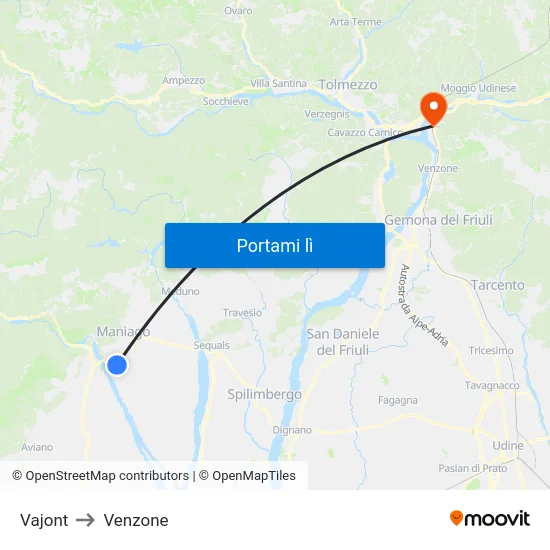 Vajont to Venzone map