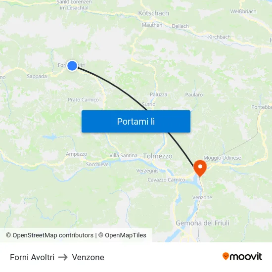 Forni Avoltri to Venzone map