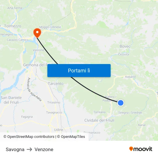 Savogna to Venzone map