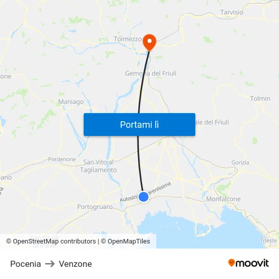 Pocenia to Venzone map
