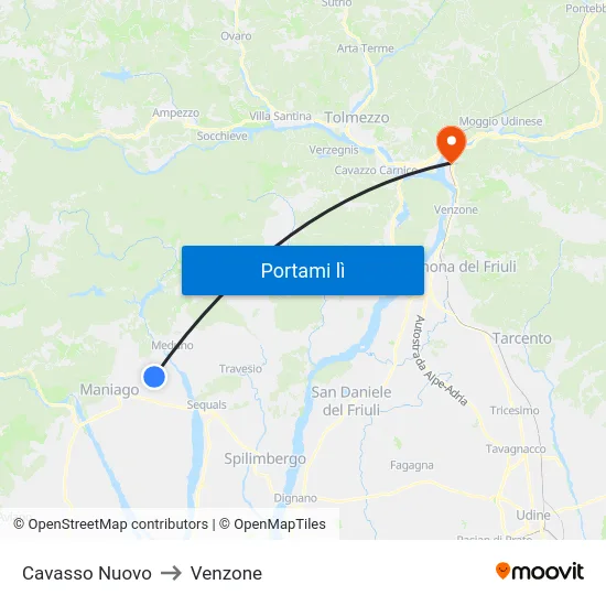 Cavasso Nuovo to Venzone map