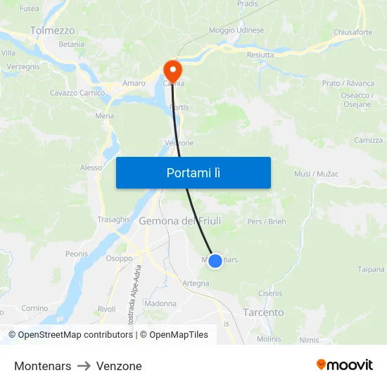 Montenars to Venzone map