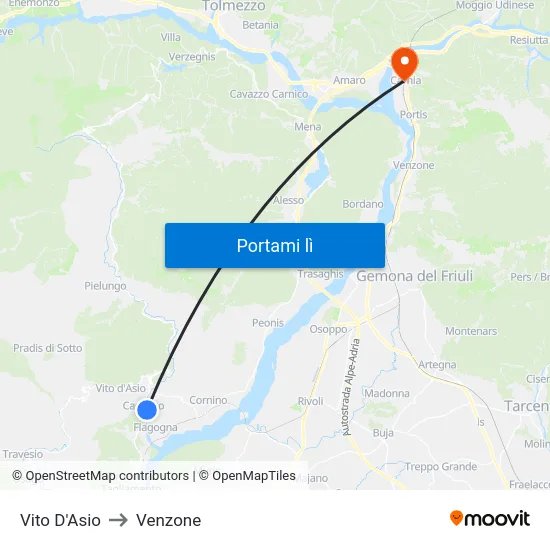 Vito D'Asio to Venzone map