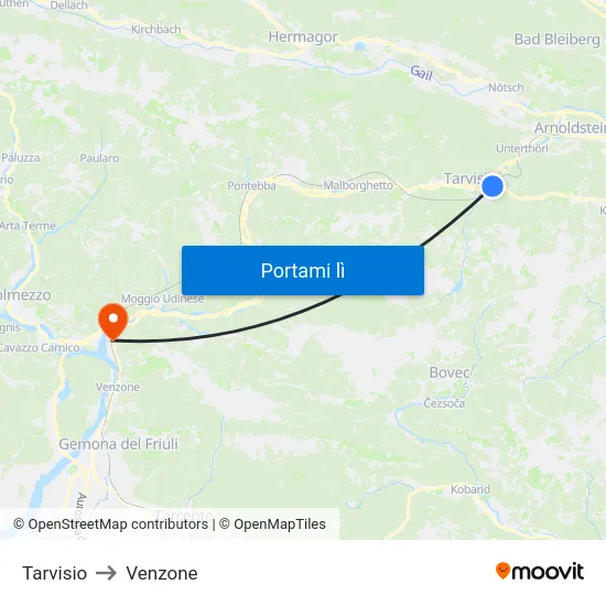 Tarvisio to Venzone map
