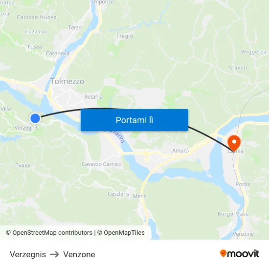 Verzegnis to Venzone map