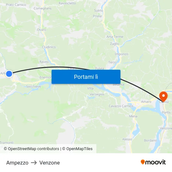 Ampezzo to Venzone map