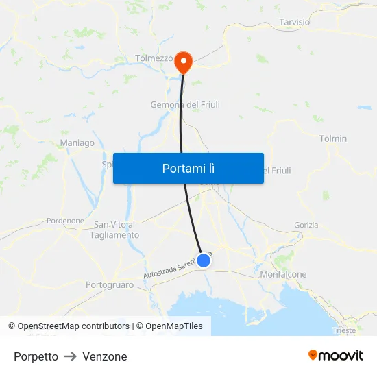 Porpetto to Venzone map