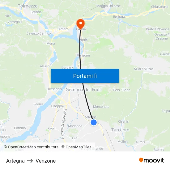 Artegna to Venzone map